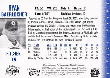 2003 MultiAd Omaha Royals #2 Ryan Baerlocher Back