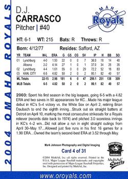 2004 MultiAd Omaha Royals #4 D.J. Carrasco Back