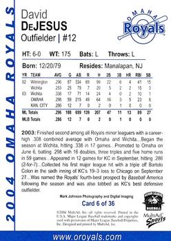 2004 MultiAd Omaha Royals #6 David DeJesus Back