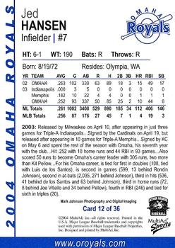 2004 MultiAd Omaha Royals #12 Jed Hansen Back