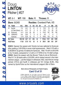 2004 MultiAd Omaha Royals #13 Doug Linton Back