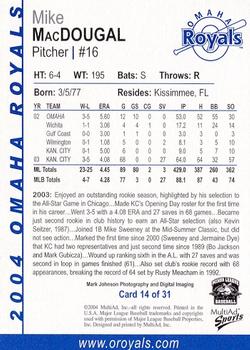 2004 MultiAd Omaha Royals #14 Mike MacDougal Back