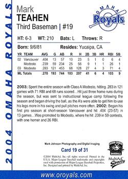 2004 MultiAd Omaha Royals #19 Mark Teahen Back