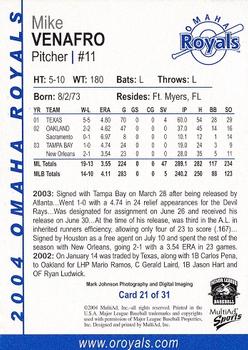 2004 MultiAd Omaha Royals #21 Mike Venafro Back