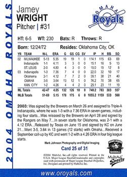 2004 MultiAd Omaha Royals #25 Jamey Wright Back