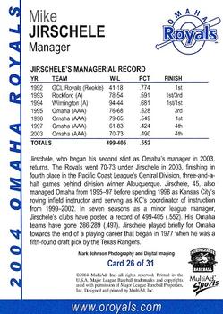 2004 MultiAd Omaha Royals #26 Mike Jirschele Back