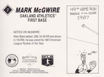 1992 Barry Colla Mark McGwire #2 Mark McGwire Back