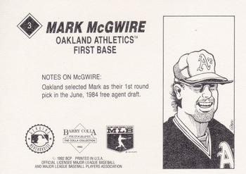 1992 Barry Colla Mark McGwire #3 Mark McGwire Back