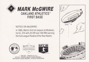 1992 Barry Colla Mark McGwire #4 Mark McGwire Back