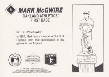 1992 Barry Colla Mark McGwire #5 Mark McGwire Back