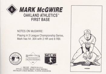 1992 Barry Colla Mark McGwire #6 Mark McGwire Back
