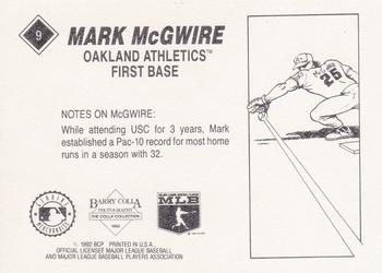 1992 Barry Colla Mark McGwire #9 Mark McGwire Back