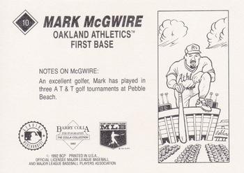 1992 Barry Colla Mark McGwire #10 Mark McGwire Back