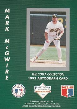 1992 Barry Colla Mark McGwire #NNO Mark McGwire Back