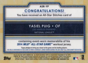 2014 Topps Update - All-Star Stitches Gold #ASR-YP Yasiel Puig Back