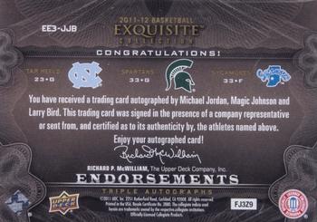2011-12 Upper Deck Exquisite - Endorsements Triple #EE3-JJB Michael Jordan / Magic Johnson / Larry Bird Back
