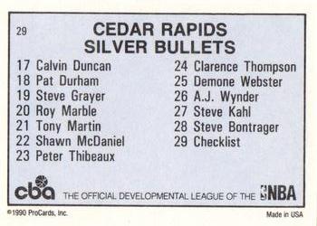 1990-91 ProCards CBA #29 Cedar Rapids Silver Bullets Checklist Back