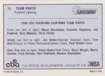 1990-91 ProCards CBA #58 Rockford Lightning Team Back