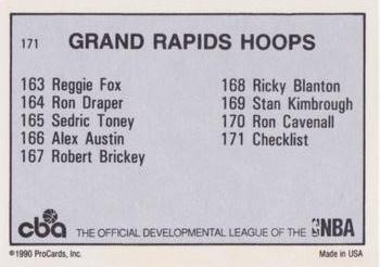 1990-91 ProCards CBA #171 Grand Rapids Hoops Checklist Back