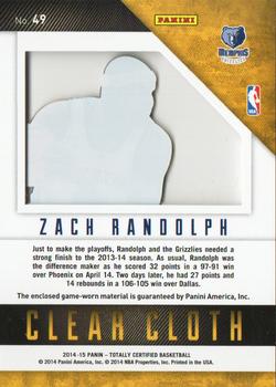 2014-15 Panini Totally Certified - Clear Cloth Jerseys Gold #49 Zach Randolph Back
