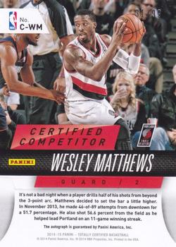 2014-15 Panini Totally Certified - Competitor Autographs #C-WM Wesley Matthews Back