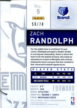 2014-15 Panini Totally Certified - Platinum Mirror Blue Die Cuts #5 Zach Randolph Back