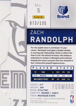 2014-15 Panini Totally Certified - Platinum Mirror Red Die Cuts #5 Zach Randolph Back
