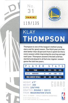 2014-15 Panini Totally Certified - Platinum Mirror Red Die Cuts #31 Klay Thompson Back