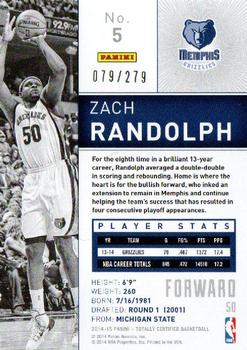 2014-15 Panini Totally Certified - Platinum Red #5 Zach Randolph Back