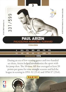 2010 Panini Hall of Fame #3 Paul Arizin  Back