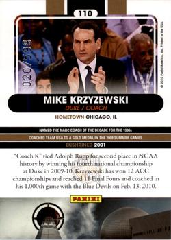 2010 Panini Hall of Fame #110 Mike Krzyzewski  Back