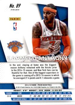 2014-15 Panini Prizm - Prizms Blue and Green Mosaic #89 Carmelo Anthony Back