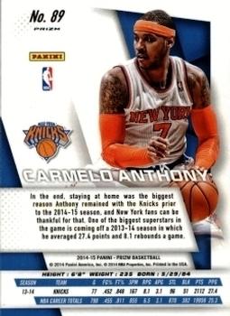 2014-15 Panini Prizm - Prizms Red White and Blue Pulsar #89 Carmelo Anthony Back