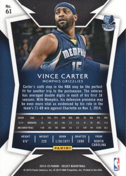 2014-15 Panini Select #61 Vince Carter Back