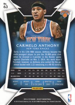 2014-15 Panini Select #63 Carmelo Anthony Back
