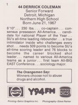 1989-90 Syracuse Orangemen #1 Derrick Coleman Back