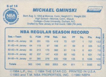1985-86 Star Lifebuoy New Jersey Nets #6 Mike Gminski Back