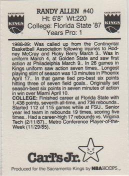 1989-90 Carl's Jr. Sacramento Kings #NNO Randy Allen Back