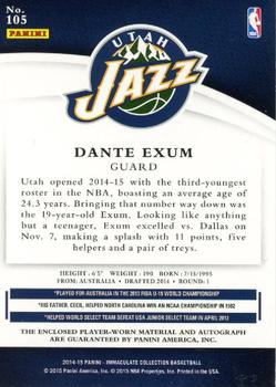 2014-15 Panini Immaculate Collection #105 Dante Exum Back