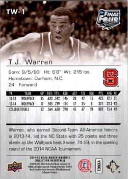 2014-15 Upper Deck NCAA March Madness - Sepia #TW-1 T.J. Warren Back