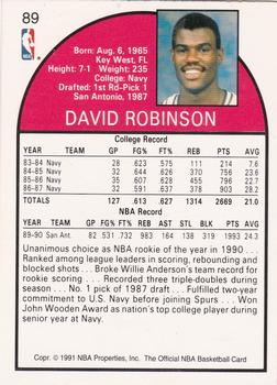 1991 Hoops 100 Superstars #89 David Robinson Back