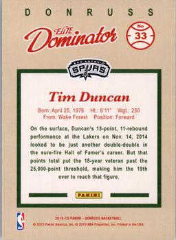 2014-15 Donruss - Elite Dominators #33 Tim Duncan Back