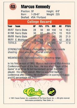 1991 Classic #43 Marcus Kennedy  Back