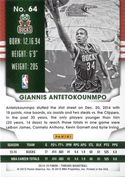2014-15 Panini Threads #64 Giannis Antetokounmpo Back