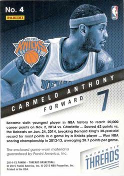 2014-15 Panini Threads - Authentic Threads #4 Carmelo Anthony Back