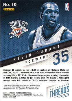 2014-15 Panini Threads - Authentic Threads #10 Kevin Durant Back