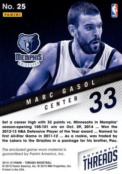 2014-15 Panini Threads - Authentic Threads #25 Marc Gasol Back
