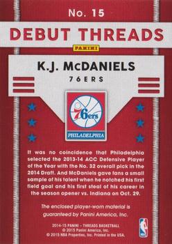 2014-15 Panini Threads - Debut Threads #15 K.J. McDaniels Back