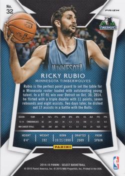 2014-15 Panini Select - Prizms Blue and Silver #32 Ricky Rubio Back