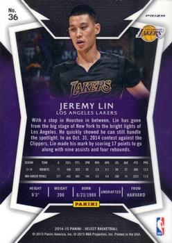 2014-15 Panini Select - Prizms Purple and White #36 Jeremy Lin Back